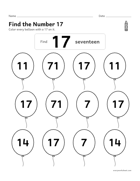 Preview of the printable “Find the number 17” worksheet: recognizing the number 17 among look-alike numbers