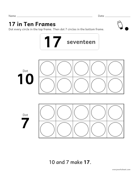Preview of the printable “17 in ten frames” worksheet: showing 17 as 10 and 7 with a dot marker