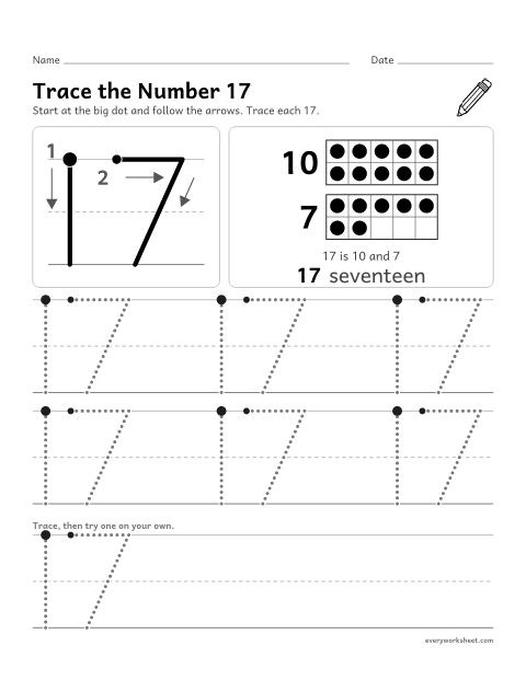 Preview of the printable “Trace the number 17” worksheet: tracing the number 17