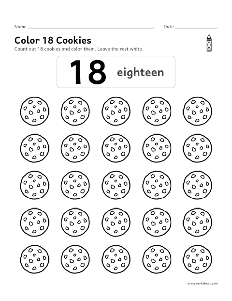 Preview of the printable “Color 18 cookies” worksheet: counting out 18 objects from a group