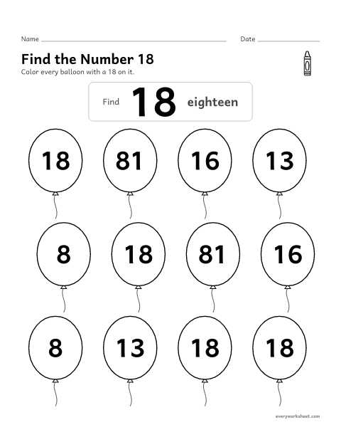 Preview of the printable “Find the number 18” worksheet: recognizing the number 18 among look-alike numbers