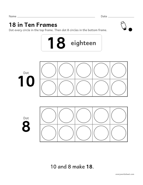 Preview of the printable “18 in ten frames” worksheet: showing 18 as 10 and 8 with a dot marker