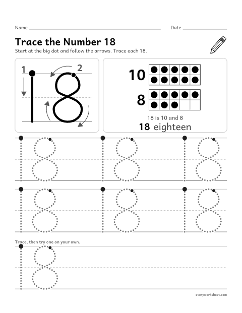 Preview of the printable “Trace the number 18” worksheet: tracing the number 18