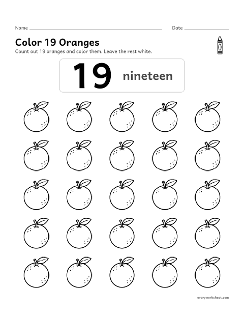Preview of the printable “Color 19 oranges” worksheet: counting out 19 objects from a group
