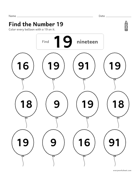 Preview of the printable “Find the number 19” worksheet: recognizing the number 19 among look-alike numbers