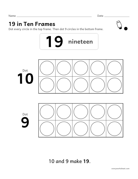 Preview of the printable “19 in ten frames” worksheet: showing 19 as 10 and 9 with a dot marker