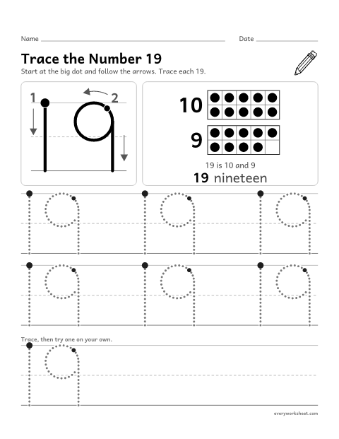 Preview of the printable “Trace the number 19” worksheet: tracing the number 19