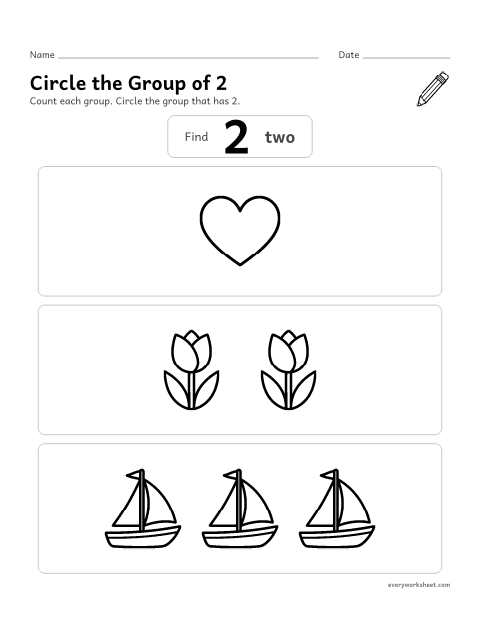Preview of the printable “Circle the group of 2” worksheet: finding the group that has 2