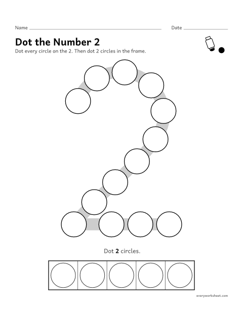 Preview of the printable “Dot the number 2” worksheet: dotting the number 2 and counting out 2