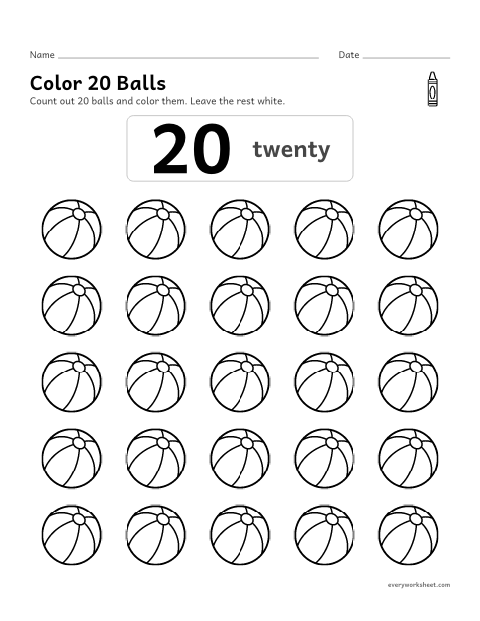Preview of the printable “Color 20 balls” worksheet: counting out 20 objects from a group