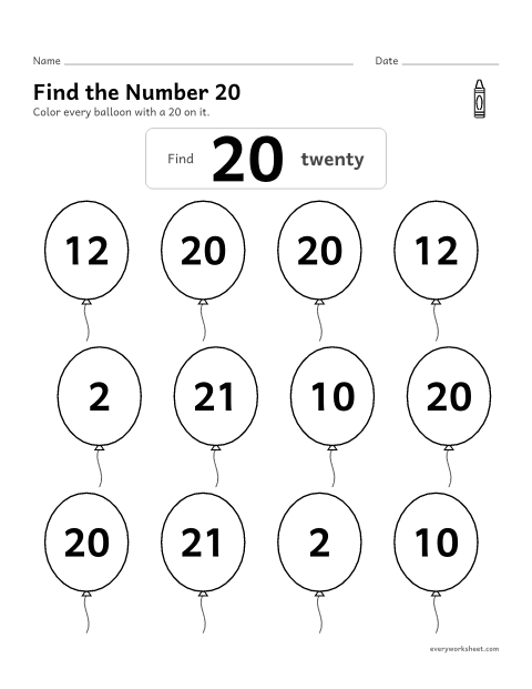 Preview of the printable “Find the number 20” worksheet: recognizing the number 20 among look-alike numbers