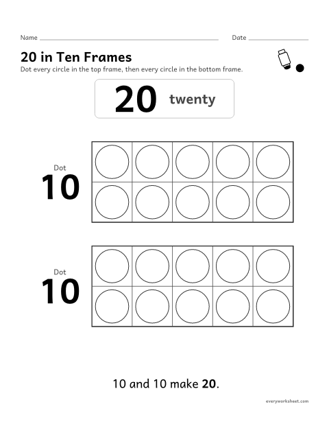 Preview of the printable “20 in ten frames” worksheet: showing 20 as 10 and 10 with a dot marker