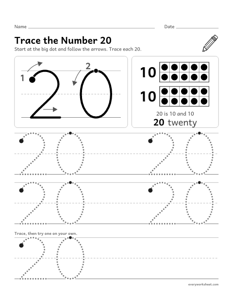 Preview of the printable “Trace the number 20” worksheet: tracing the number 20