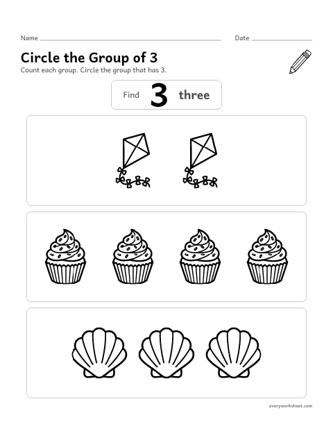 Preview of the printable “Circle the group of 3” worksheet: finding the group that has 3