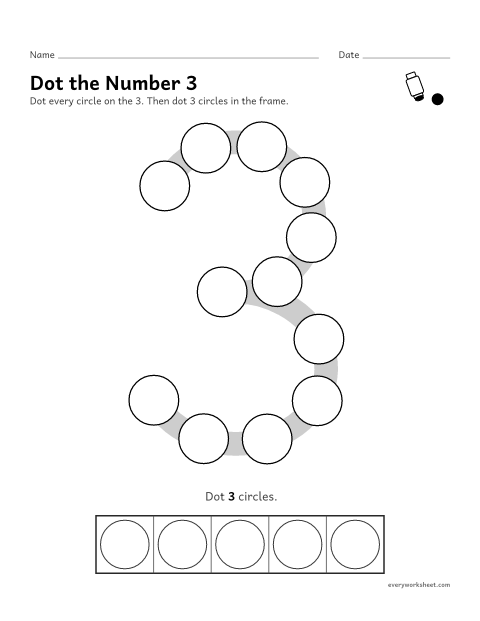 Preview of the printable “Dot the number 3” worksheet: dotting the number 3 and counting out 3