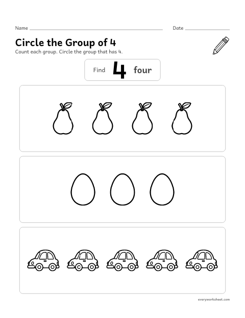 Preview of the printable “Circle the group of 4” worksheet: finding the group that has 4