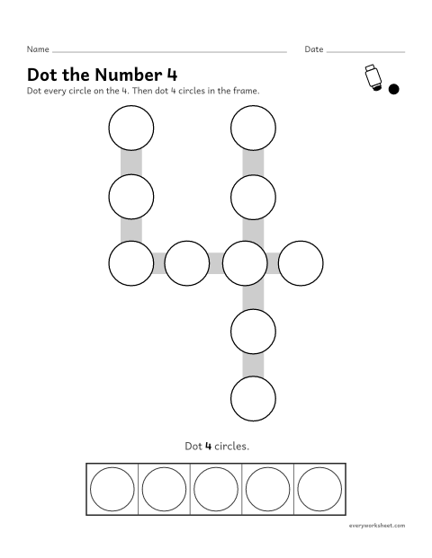 Preview of the printable “Dot the number 4” worksheet: dotting the number 4 and counting out 4