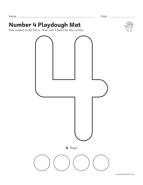 Preview of the printable “Number 4 playdough mat” worksheet: building the number 4 and making 4 balls