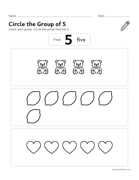 Preview of the printable “Circle the group of 5” worksheet: finding the group that has 5