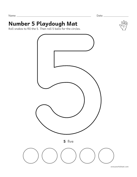 Preview of the printable “Number 5 playdough mat” worksheet: building the number 5 and making 5 balls