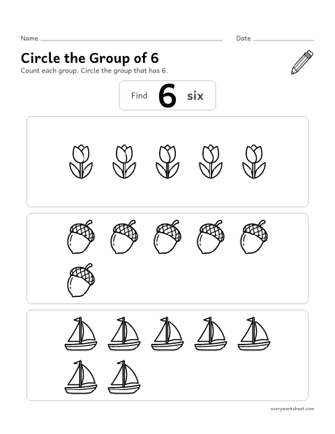 Preview of the printable “Circle the group of 6” worksheet: finding the group that has 6