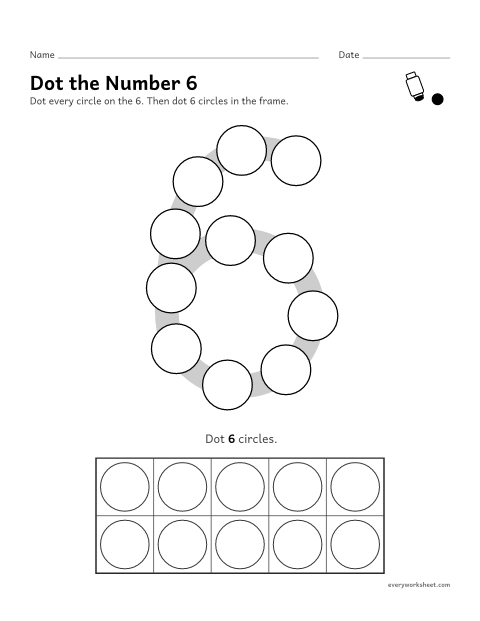 Preview of the printable “Dot the number 6” worksheet: dotting the number 6 and counting out 6