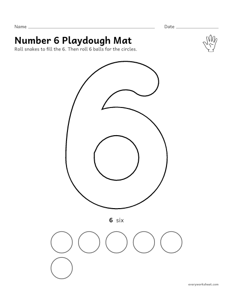 Preview of the printable “Number 6 playdough mat” worksheet: building the number 6 and making 6 balls