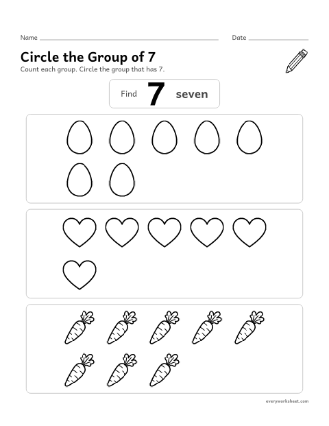 Preview of the printable “Circle the group of 7” worksheet: finding the group that has 7