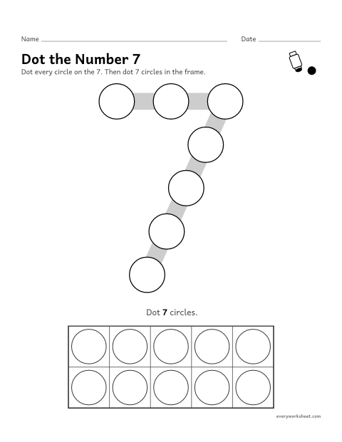 Preview of the printable “Dot the number 7” worksheet: dotting the number 7 and counting out 7
