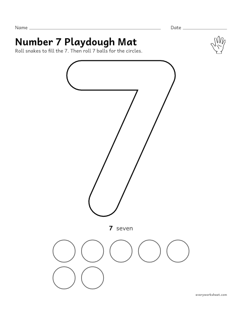 Preview of the printable “Number 7 playdough mat” worksheet: building the number 7 and making 7 balls