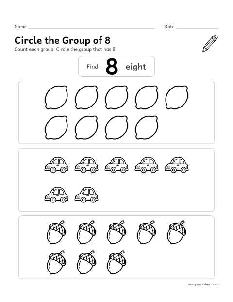 Preview of the printable “Circle the group of 8” worksheet: finding the group that has 8