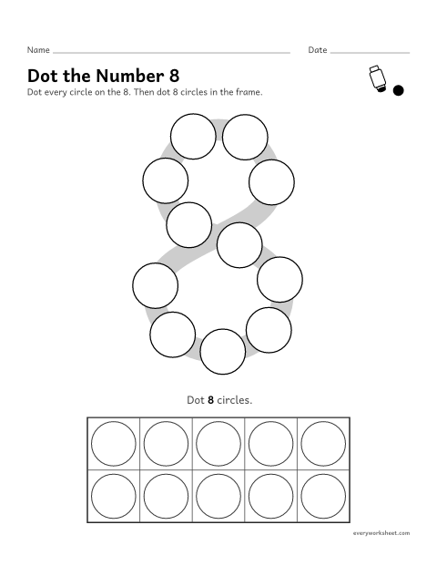 Preview of the printable “Dot the number 8” worksheet: dotting the number 8 and counting out 8