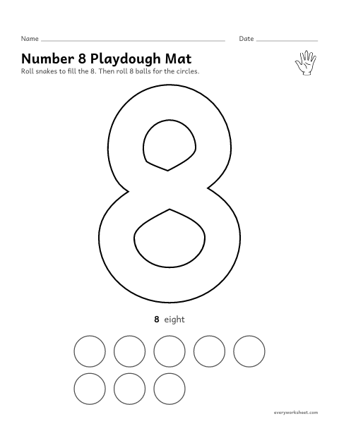 Preview of the printable “Number 8 playdough mat” worksheet: building the number 8 and making 8 balls