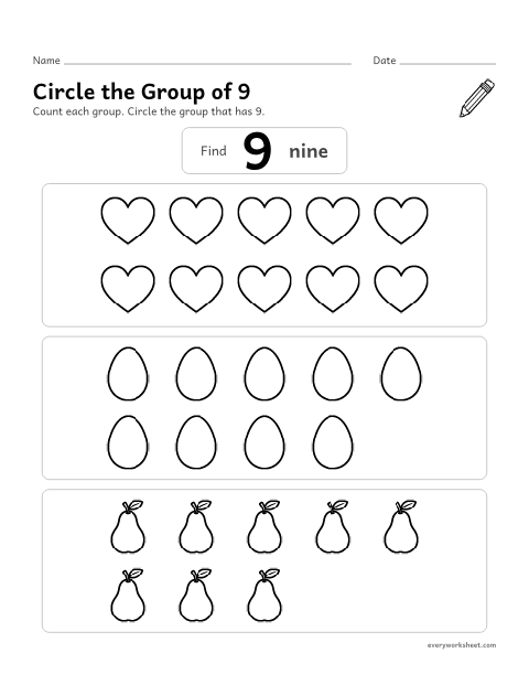 Preview of the printable “Circle the group of 9” worksheet: finding the group that has 9
