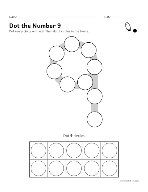 Preview of the printable “Dot the number 9” worksheet: dotting the number 9 and counting out 9
