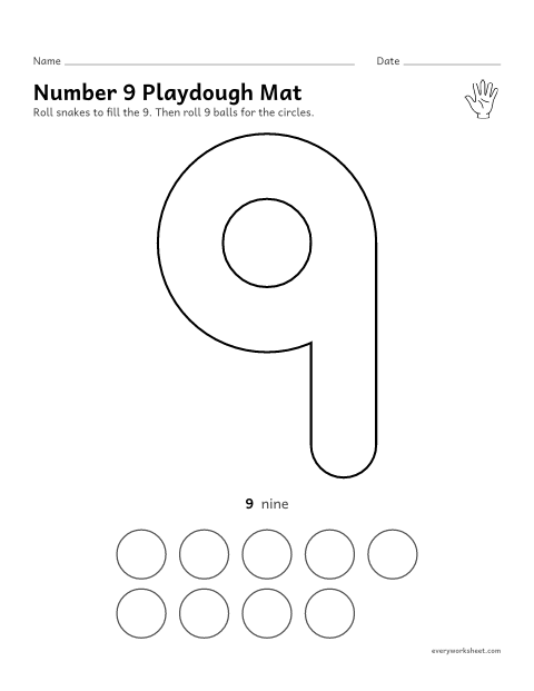 Preview of the printable “Number 9 playdough mat” worksheet: building the number 9 and making 9 balls