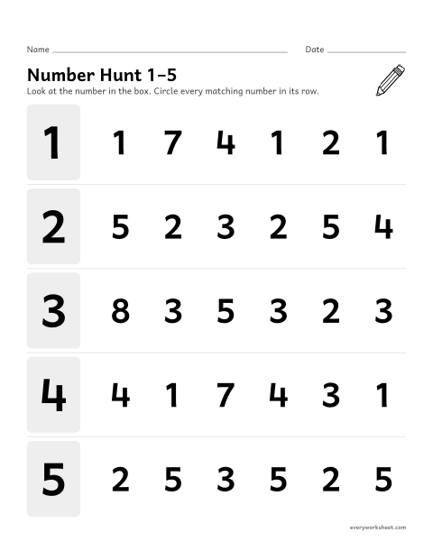 Preview of the printable “Number hunt 1–5” worksheet: recognizing the numbers 1 to 5