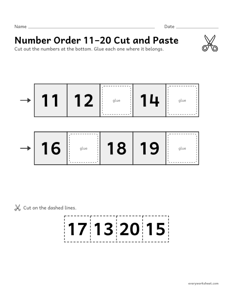 Preview of the printable “Number order 11–20 cut and paste” worksheet: putting the numbers 11 to 20 in order