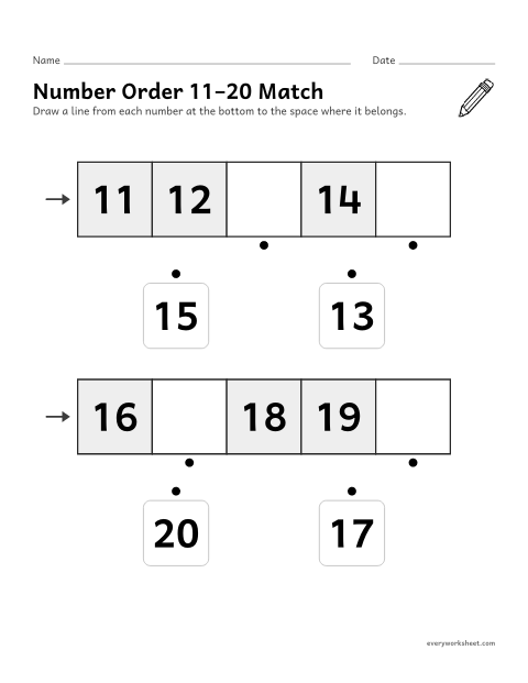 Preview of the printable “Number order 11–20 match” worksheet: putting the numbers 11 to 20 in order