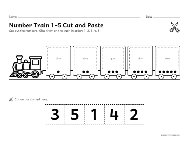 Preview of the printable “Number train 1–5 cut and paste” worksheet: putting the numbers 1 to 5 in order