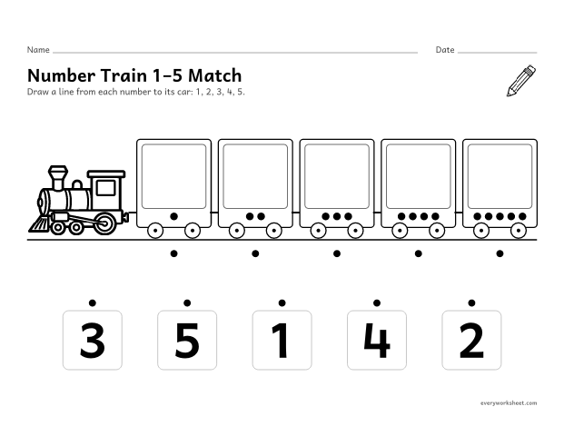 Preview of the printable “Number train 1–5 match” worksheet: putting the numbers 1 to 5 in order