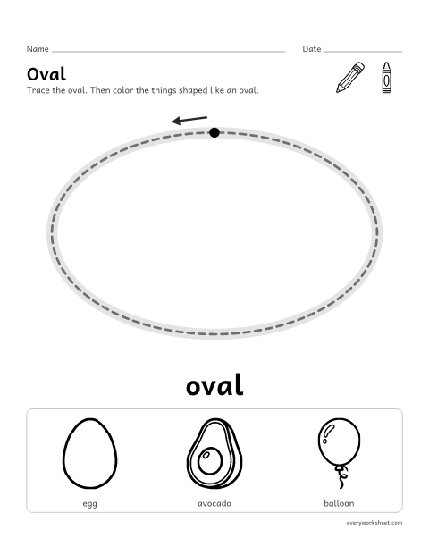 Preview of the printable “Oval shape worksheet for preschool” worksheet: tracing a oval and finding ovals in everyday things