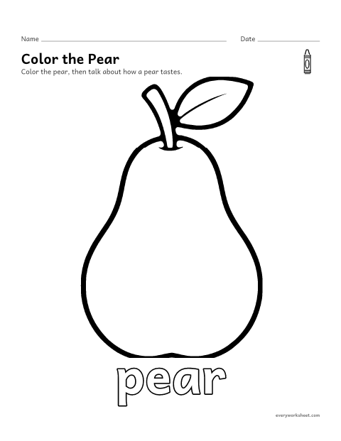 Preview of the printable “Pear coloring page” worksheet: coloring a big picture of a pear with crayons