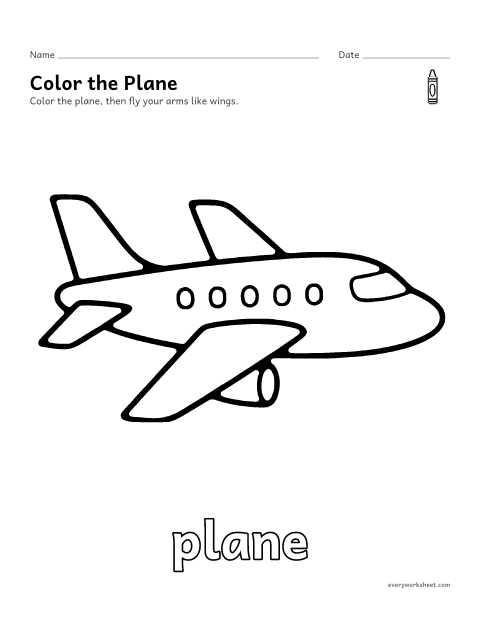 Preview of the printable “Plane coloring page” worksheet: coloring a big picture of a plane with crayons