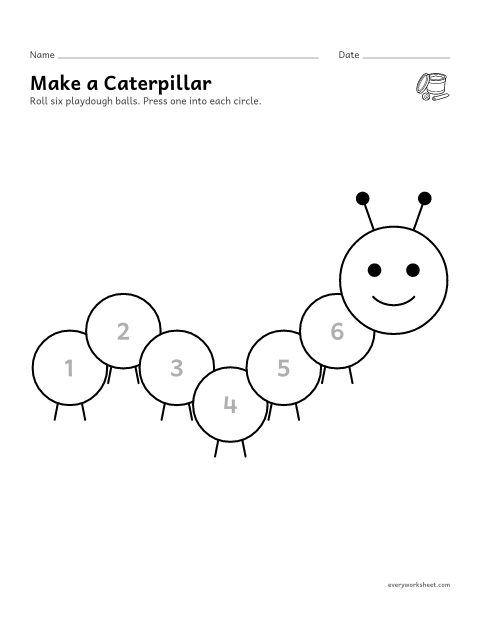 Preview of the printable “Caterpillar playdough mat” worksheet: rolling playdough balls and counting six