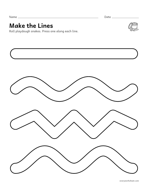 Preview of the printable “Playdough lines mat” worksheet: rolling playdough snakes and shaping straight, wavy, zigzag and curved lines