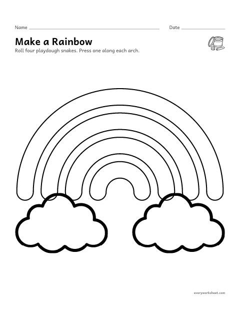 Preview of the printable “Rainbow playdough mat” worksheet: rolling playdough snakes and bending them into arches