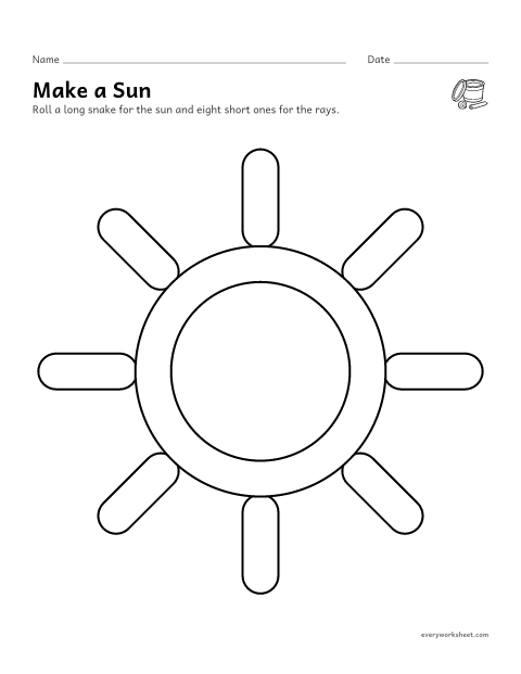 Preview of the printable “Sun playdough mat” worksheet: rolling long and short playdough snakes