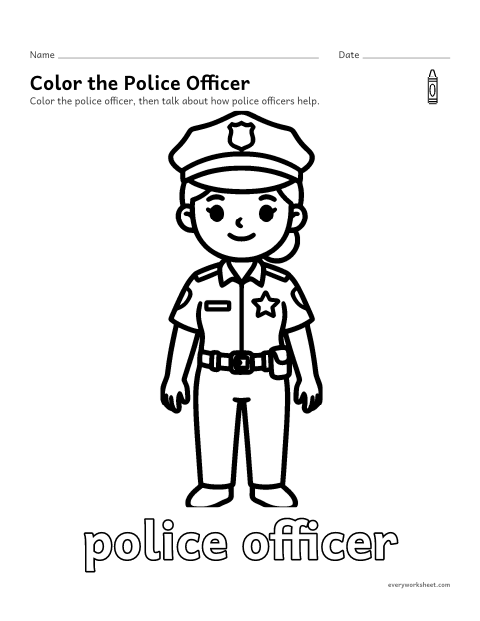 Preview of the printable “Police officer coloring page” worksheet: coloring a community helper and talking about the job