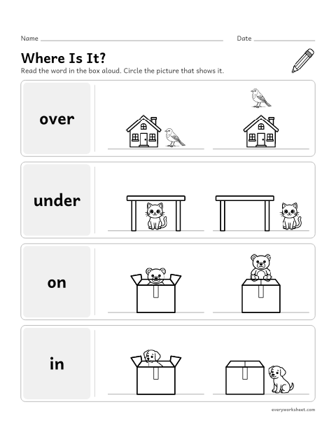 Preview of the printable “Position Words: Over, Under, In, on” worksheet: matching position words to pictures